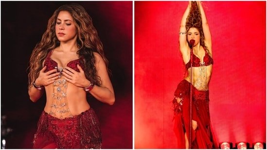 Shakira chose Rashmika Mandanna’s wedding designer Anamika Khanna for a sultry two-piece costume for her concert look