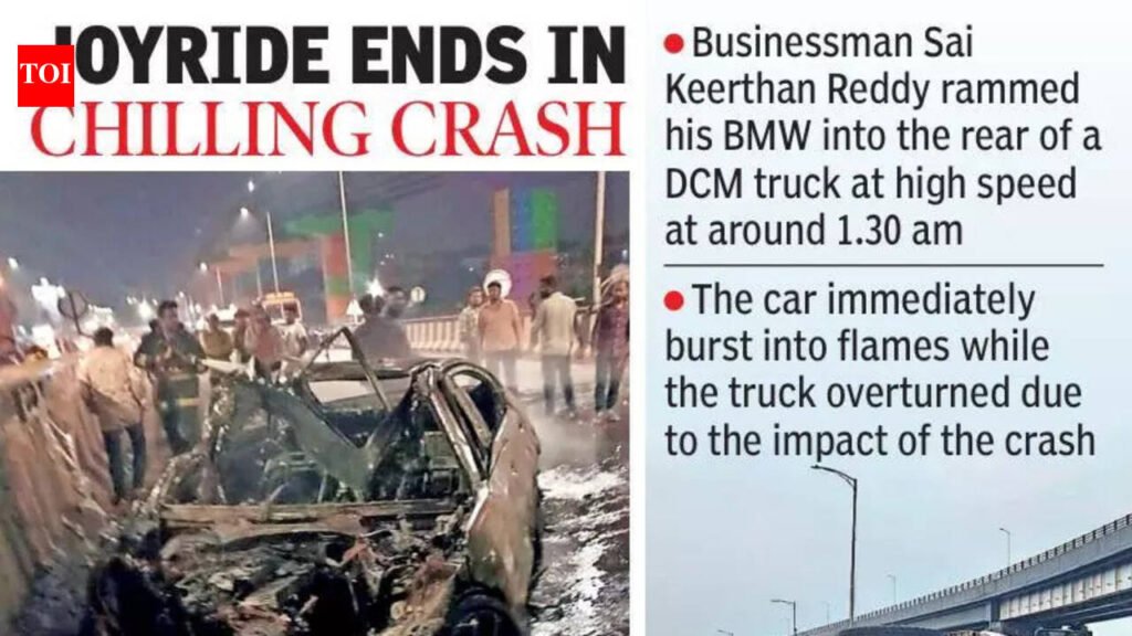 BMW hits truck, catches fire on LB Nagar flyover in Hyderabad | Hyderabad News