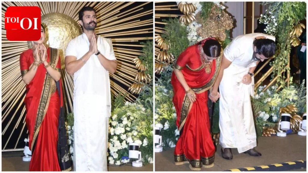 Rashmika Mandanna and Vijay Deverakonda glow with joy at Hyderabad reception, newlyweds seek blessings with humble namaste | Telugu Movie News