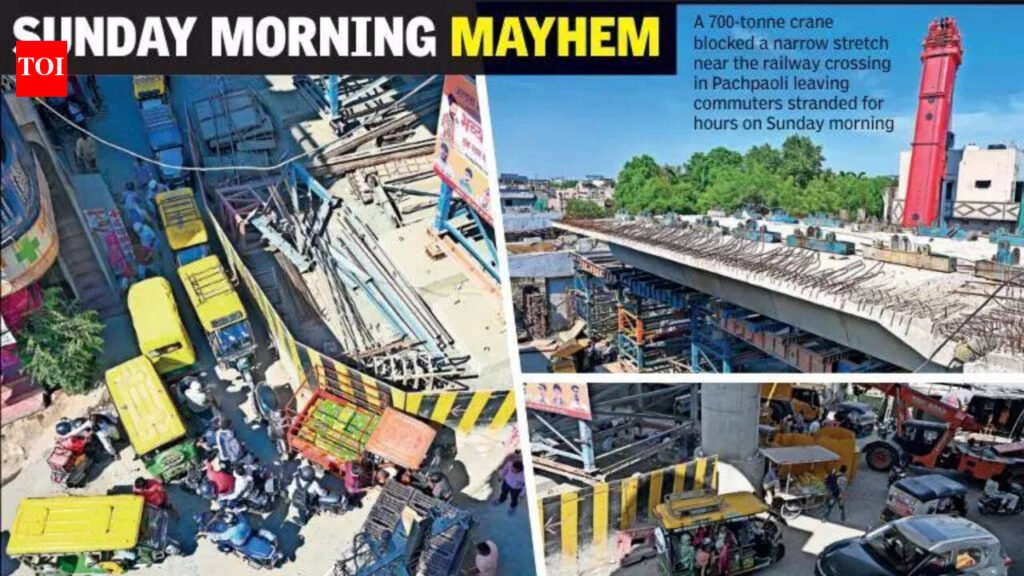 Pachpaoli chokes for hours as crane work for flyover crawls | Nagpur News