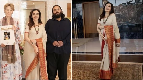 Nita Ambani ditches heavy couture for classic beige saree and colourful jewels for hosting Canadian PM Mark Carney