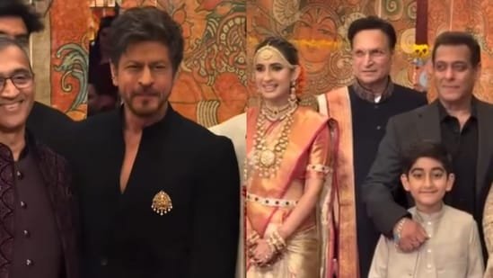 Shah Rukh Khan greets newlyweds at Rajat Sharma’s daughter’s wedding, Salman Khan attends with family. Watch