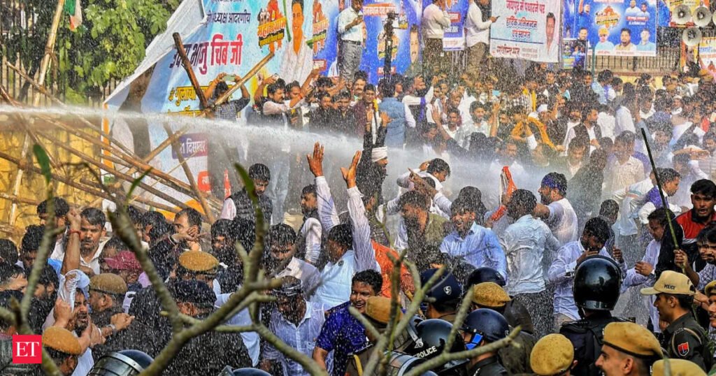 NEET UG 2026: Police use water cannons on Congress workers protesting over NEET irregularities in Jaipur to stop the march