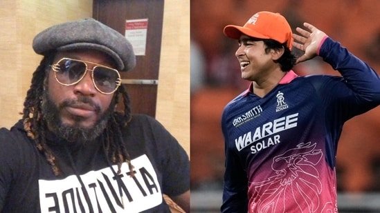 Chris Gayle reacts after Vaibhav Sooryavanshi crushes his six-hitting record, named successor to Universe Boss