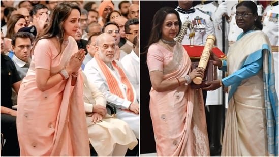 Hema Malini’s blush pink saree for receiving Dharmendra’s Padma Vibhushan is all about elegance and simplicity. See pics