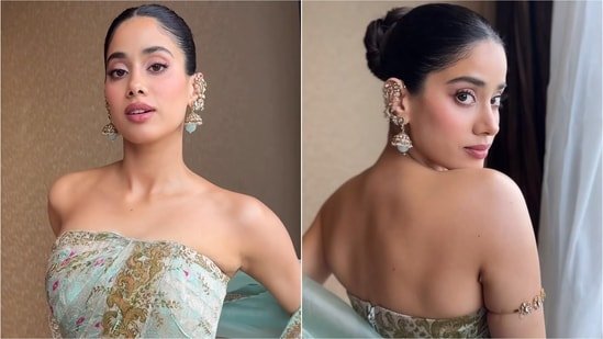 Janhvi Kapoor gives traditional Banarasi weave a modern twist in dreamy strapless gown and matching dupatta. Watch