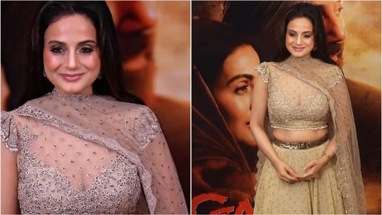 Ameesha Patel stuns at 51 in a glamorous champagne-gold lehenga worth ₹3.2 lakh at Gadar’s 25-year celebration. Watch