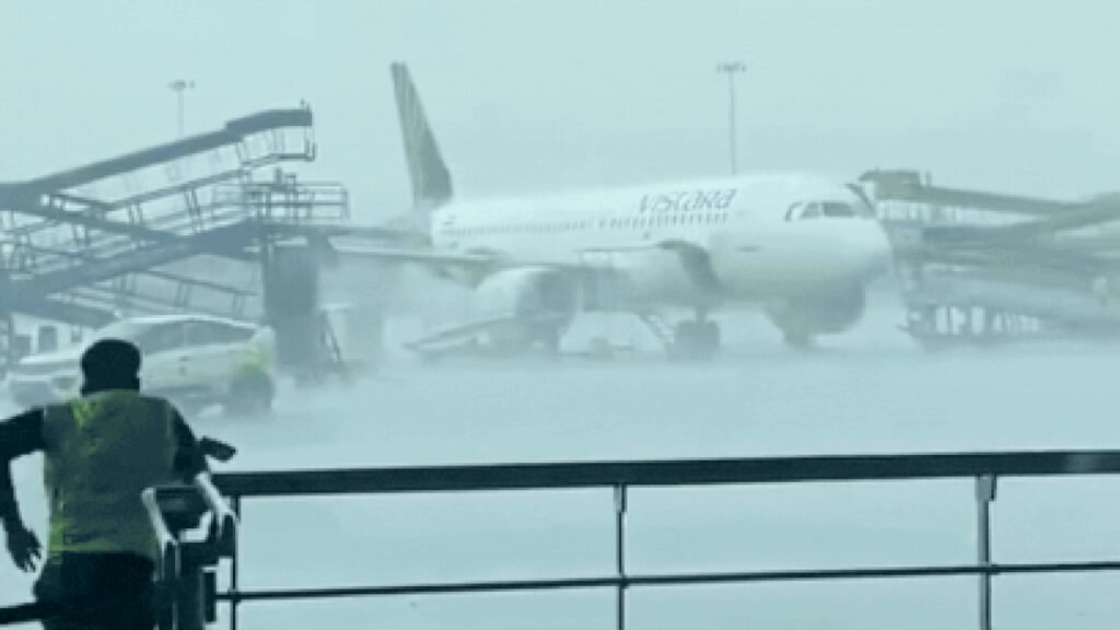 Delhi Airport: Watch: Indigo stepladder crashes into parked Air India aircraft at Delhi airport during sudden storms | India News