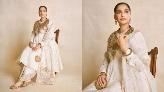 Sonam Kapoor looks straight out of a royal portrait in ivory anarkali accented with opulent jewels and timeless charm