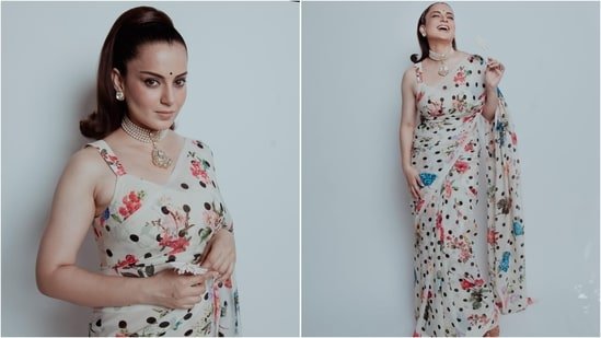 Kangana Ranaut proves polka dots never go out of style in a stunning ₹15K saree; her high ponytail steals the show