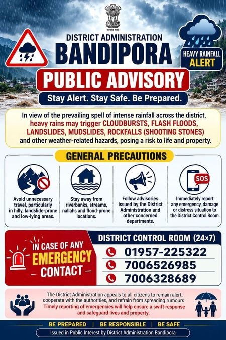 District Admin B’pora issues public advisory amid heavy rainfall