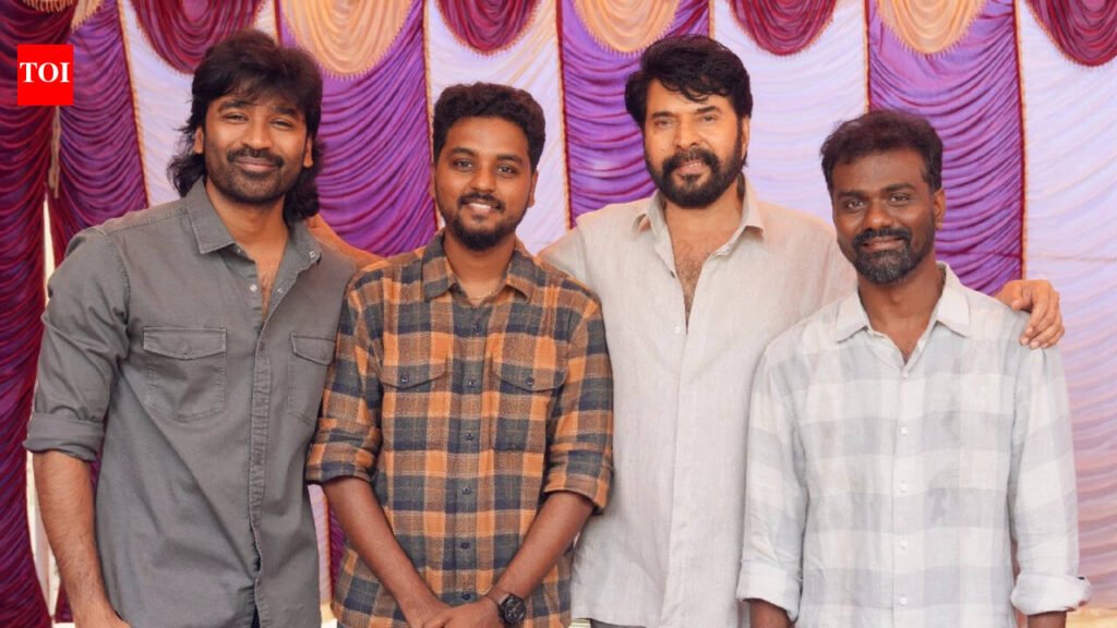 National Award winners Mammootty, Dhanush, Rajkumar Periyasamy, and Kalaivanan celebrate together on ‘OM’ sets | Tamil Movie News