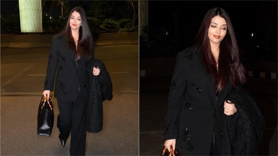Aishwarya Rai nails the CEO-core trend in embellished black pantsuit with Gucci bag, sleek straight hair and soft makeup