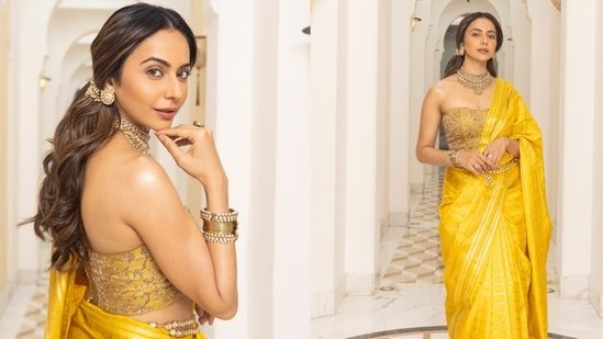 Rakul Preet Singh stuns in a yellow silk saree at the Ramayana event in Delhi