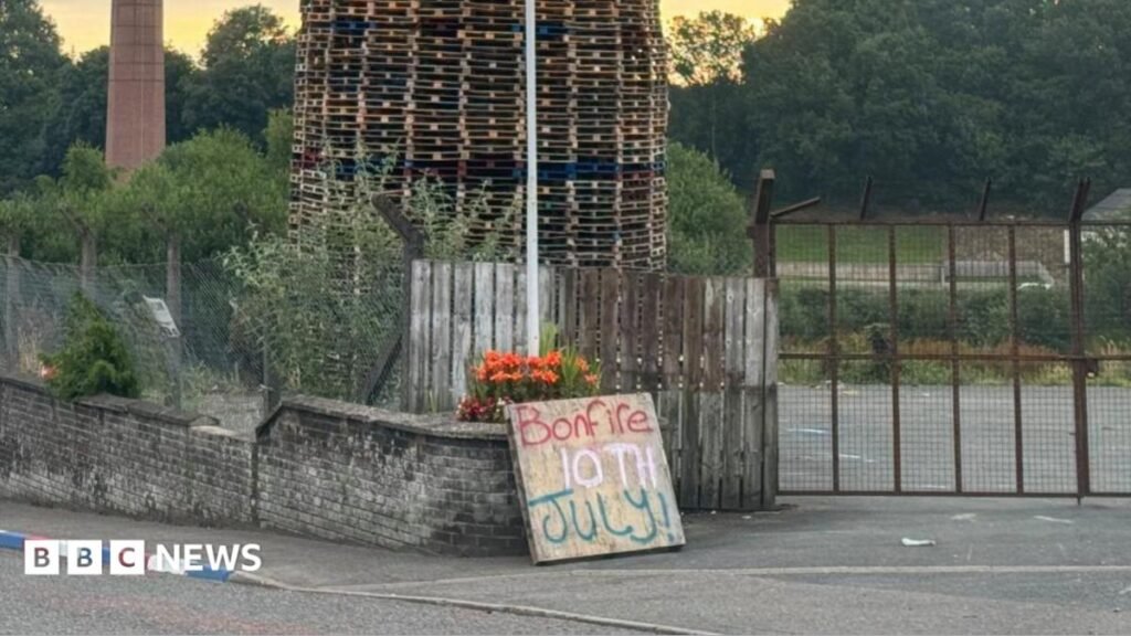 Moygashel: Bonfire with mosque replica placed on top set alight