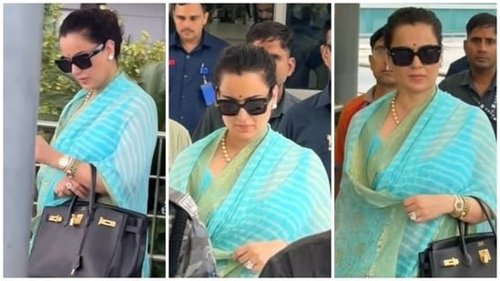 Kangana Ranaut exudes timeless elegance in sky blue leheriya saree with pearl and diamond jewellery at airport: Watch