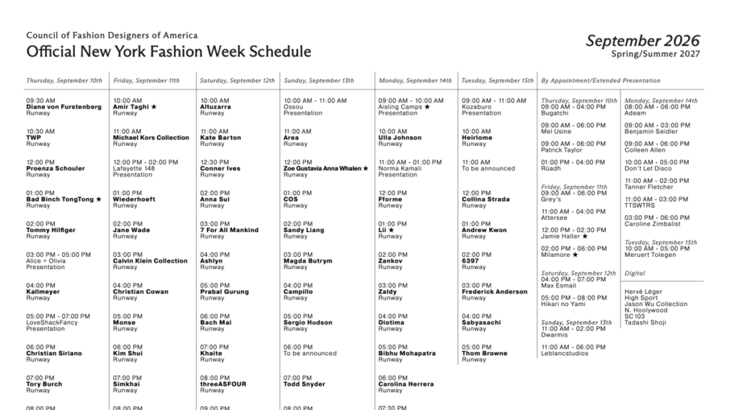 Here's the New York Fashion Week Spring 2027 Preliminary Schedule