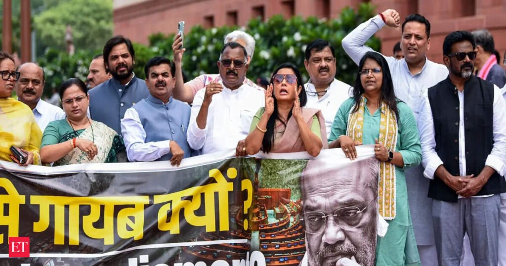 Opposition MPs protest in Parliament complex on Ram temple donation ‘theft’, police action against students