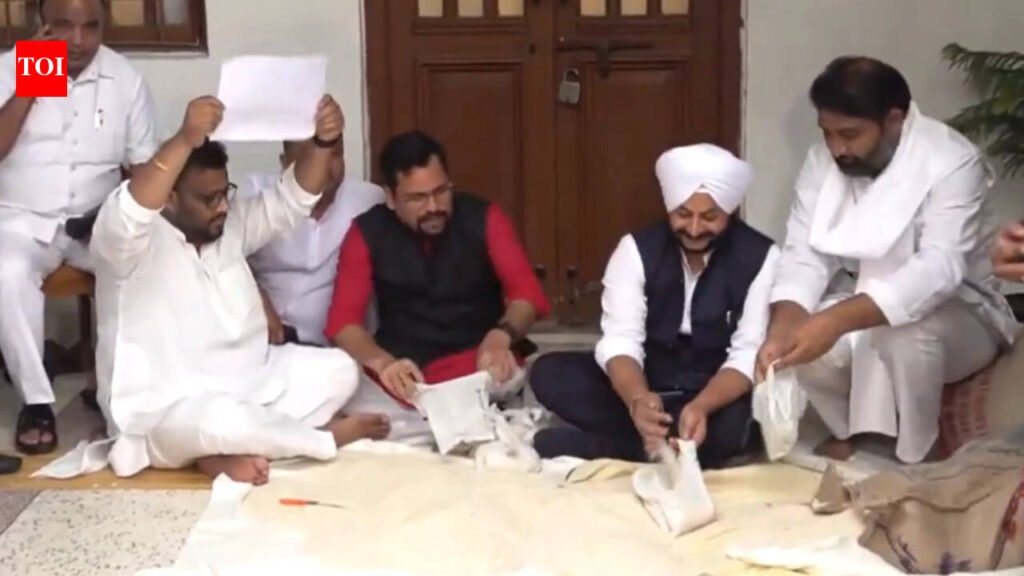 Rice bags protest in Delhi assembly: AAP cries ‘Rs 22,000-crore scam’, 8 MLAs marshalled out | Delhi News