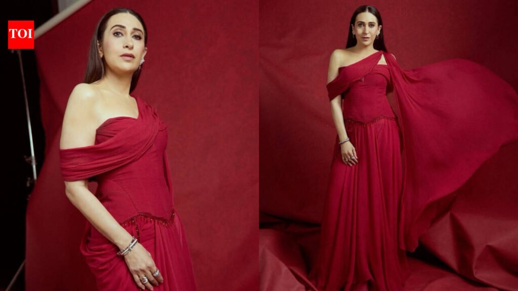 Karisma Kapoor stuns in a dramatic crimson saree-gown