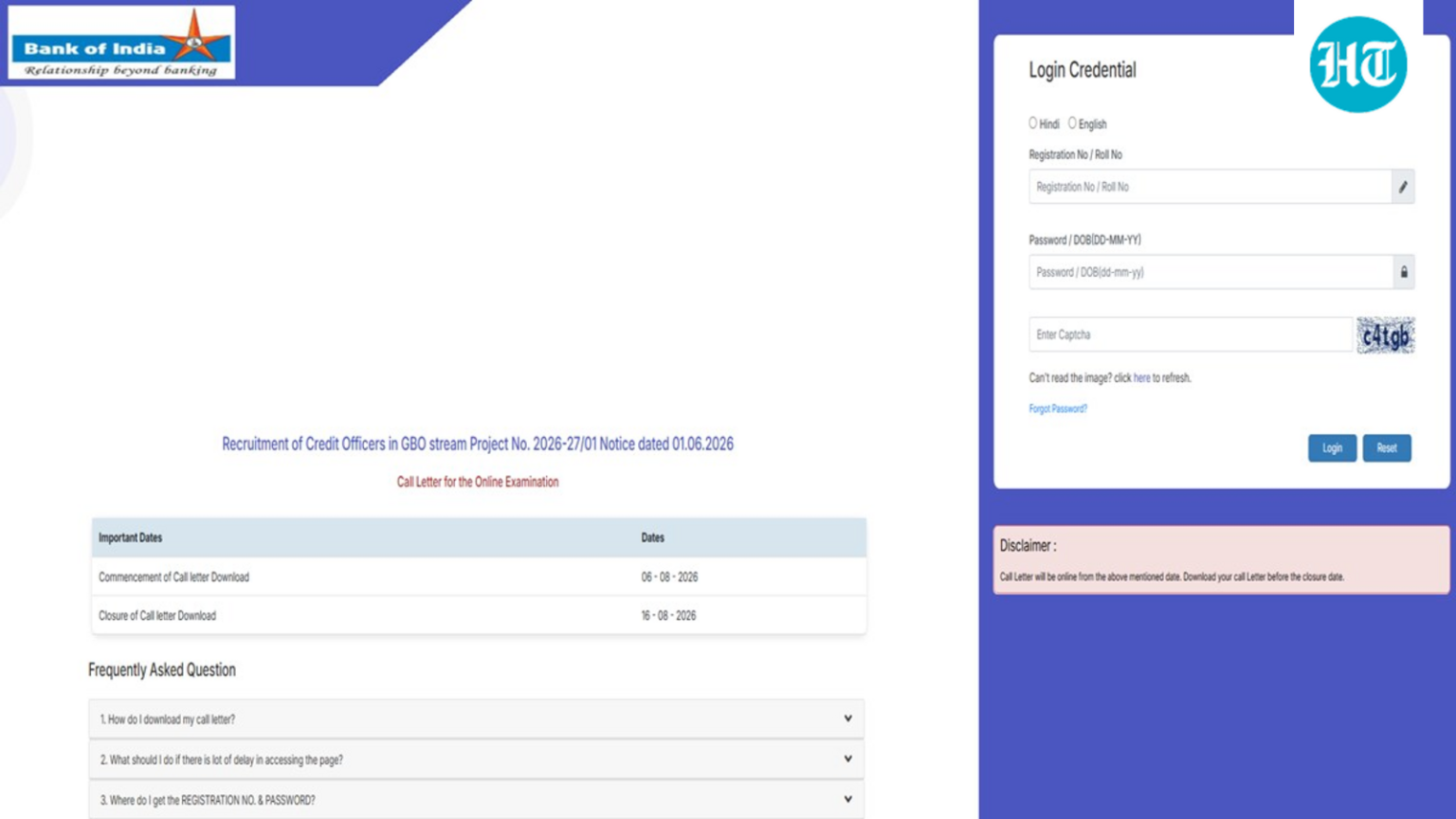 Bank of India Credit Officer Admit Card 2026 released at bankofindia.bank.in, download link here
