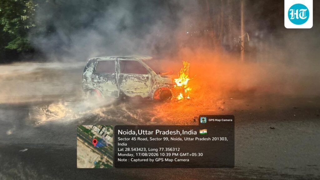 Moving WagonR cab catches fire, erupts into flames in Noida | Watch