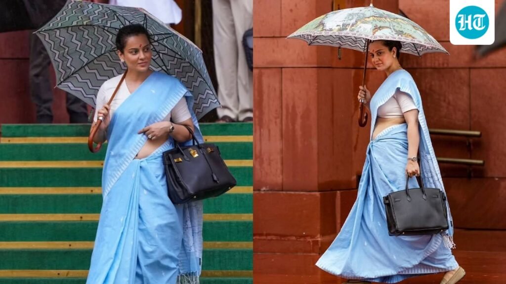 Kangana Ranaut’s colourful ₹6100 umbrella takes her Parliament style beyond sarees and bags