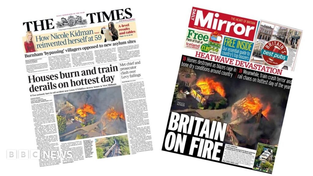 Newspaper headlines: ‘Houses burn and train derails’ and ‘Britain on fire’
