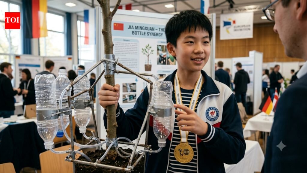 14-year-old Jia Mingxuan used plastic bottles and steel tubes to build a device for young trees; it won gold at a German invention exhibition |
