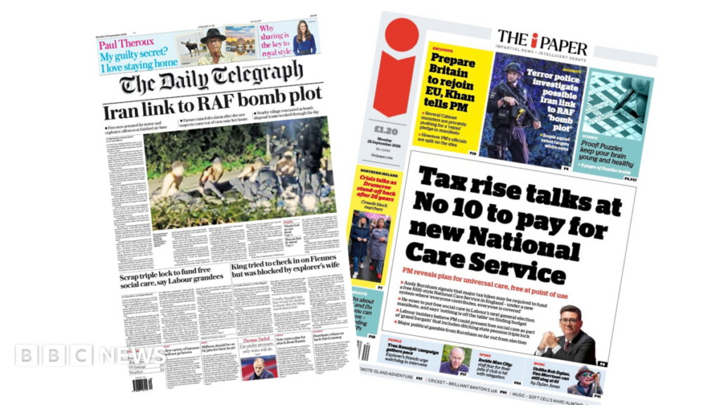 Newspaper headlines: ‘Iran link to RAF bomb plot’ and ‘Tax rise talks at No 10’