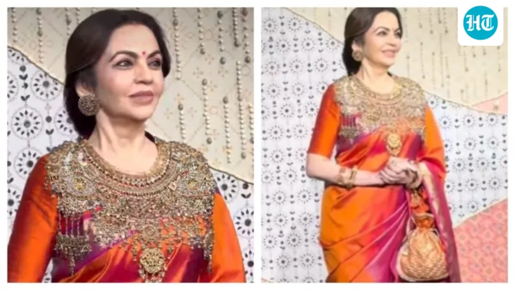 Nita Ambani dazzles in oversized statement necklace and vibrant silk saree at Antilia Cha Raja