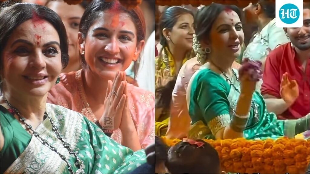 Nita Ambani looks regal in green silk saree and gajra for Ganpati visarjan, Radhika Merchant picks a pretty pink kurta