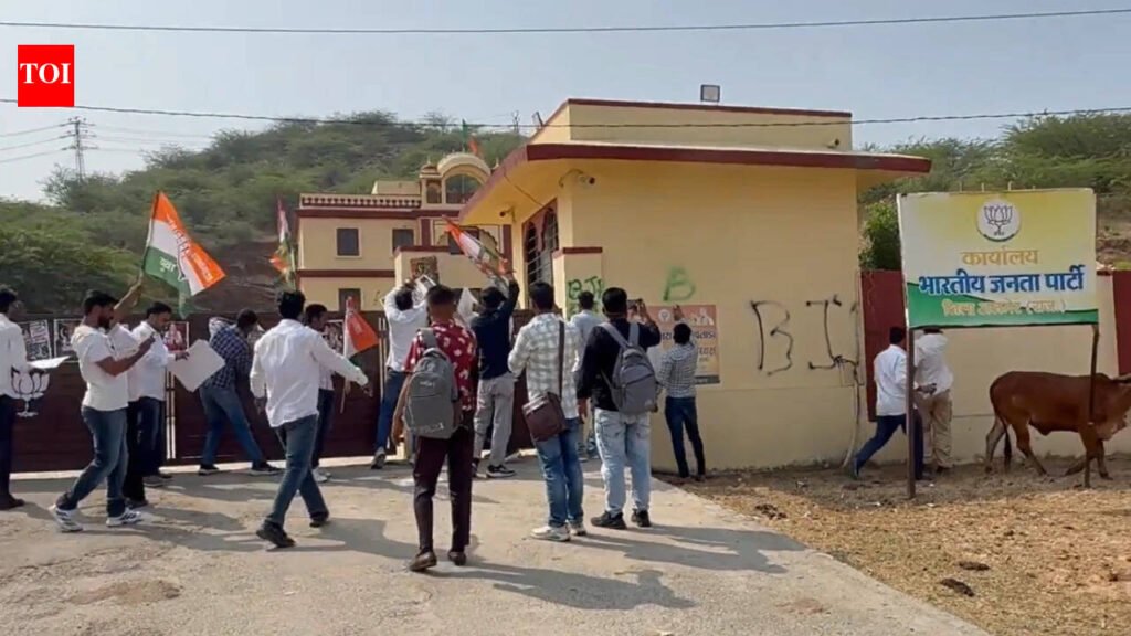 Black ink, burnt posters: Congress workers vandalise BJP office in Ajmer over Madan Rathore’s Pakistan remark | India News