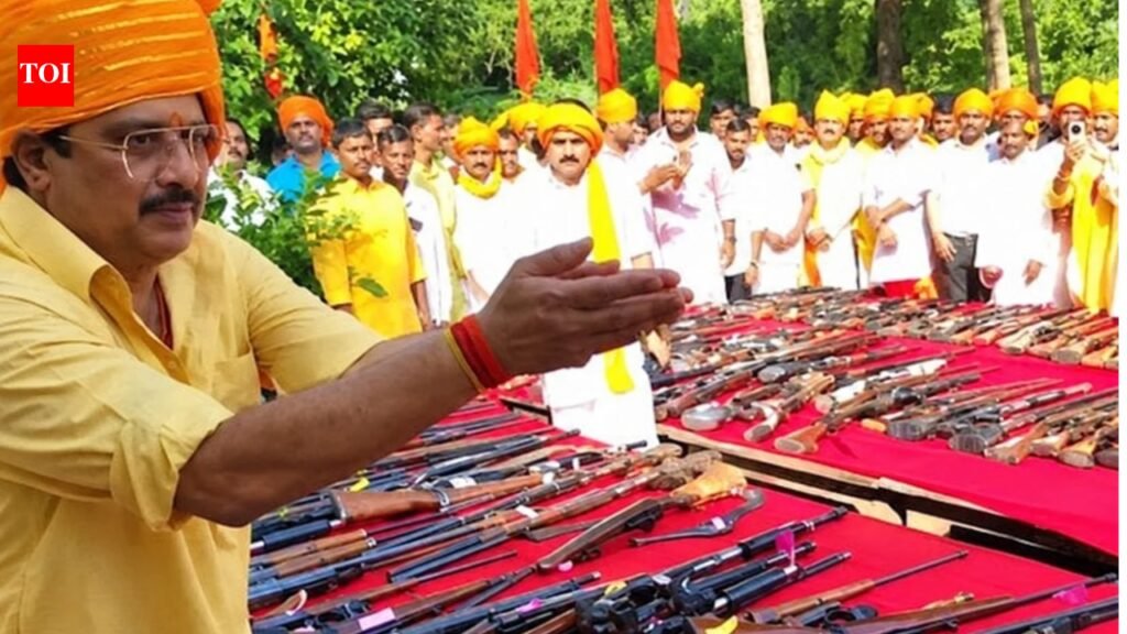 ‘Different tusks for display, eating’: MLA Raja Bhaiya worships 500-plus weapons on Dussehra in UP | Prayagraj News