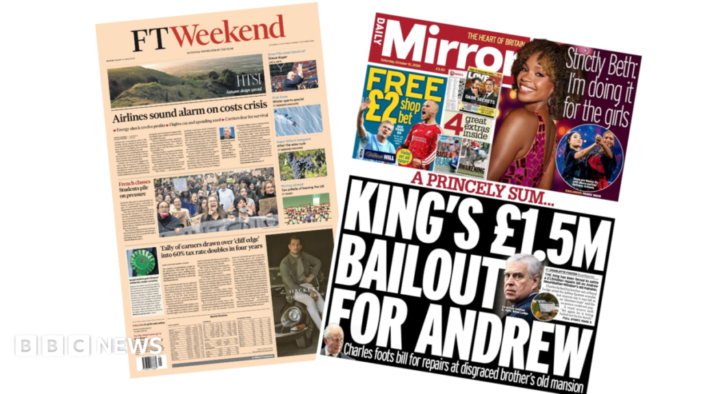 Newspaper headlines: ‘Airlines sound alarm on costs crisis’ and ‘King’s £1.5m bailout’
