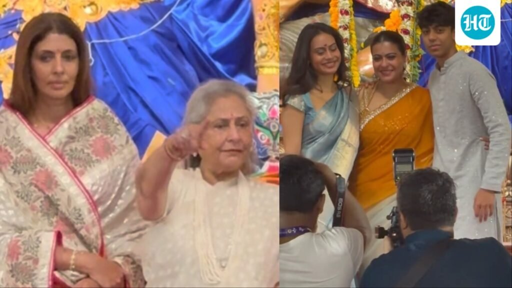 Jaya Bachchan hugs Kajol at Durga Puja pandal, arrives with daughter Shweta Bachchan as Nysa and Yug join celebrations