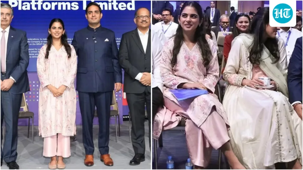 Isha Ambani and Shloka Mehta skip heavy ethnic ensembles for simple pink and ivory kurta looks at Jio’s IPO announcement event. See pics