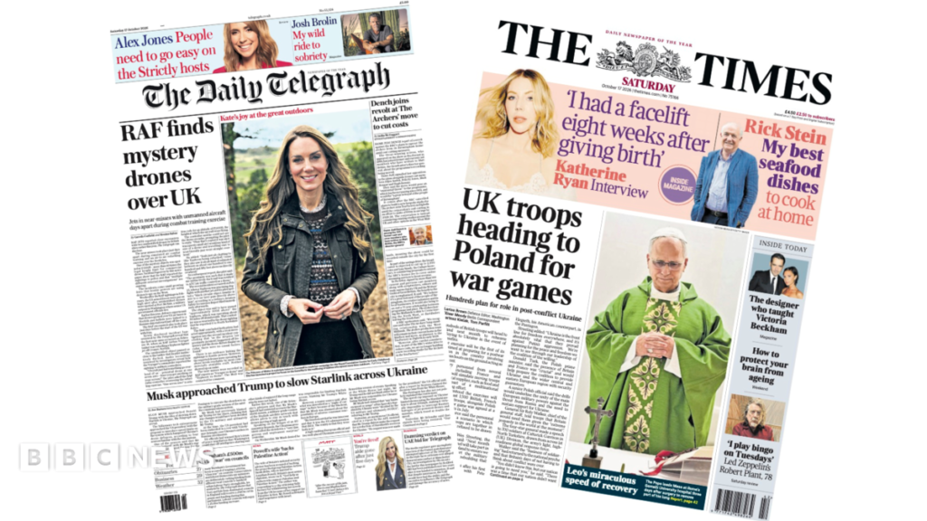 Newspaper headlines: ‘Mystery drones over UK’ and ‘Troops heading to Poland for war games’